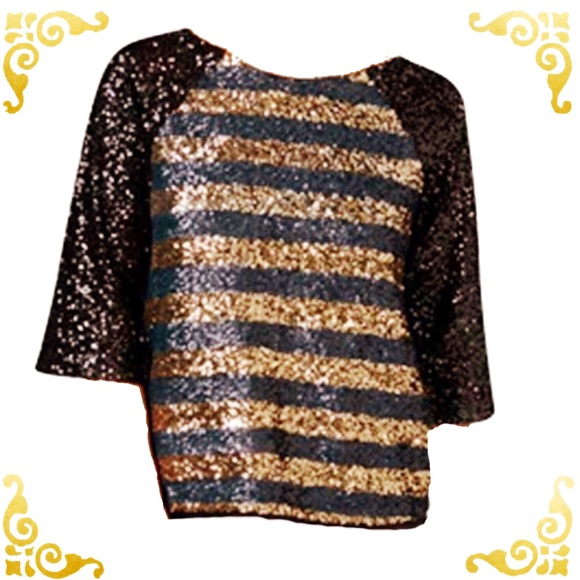Chelsea Sky Tops - Chelsea Sky Striped Sequin Top Black Gold New